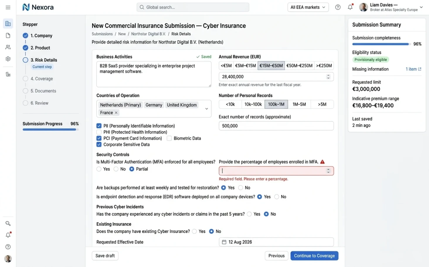 Nexora commercial insurance submission wizard on the risk details step with inline validation and eligibility summary
