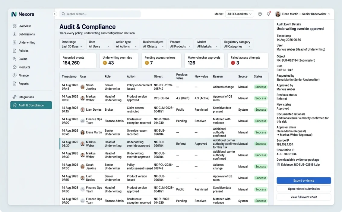 Nexora audit and compliance log with underwriting overrides, approval chain and exportable evidence packages