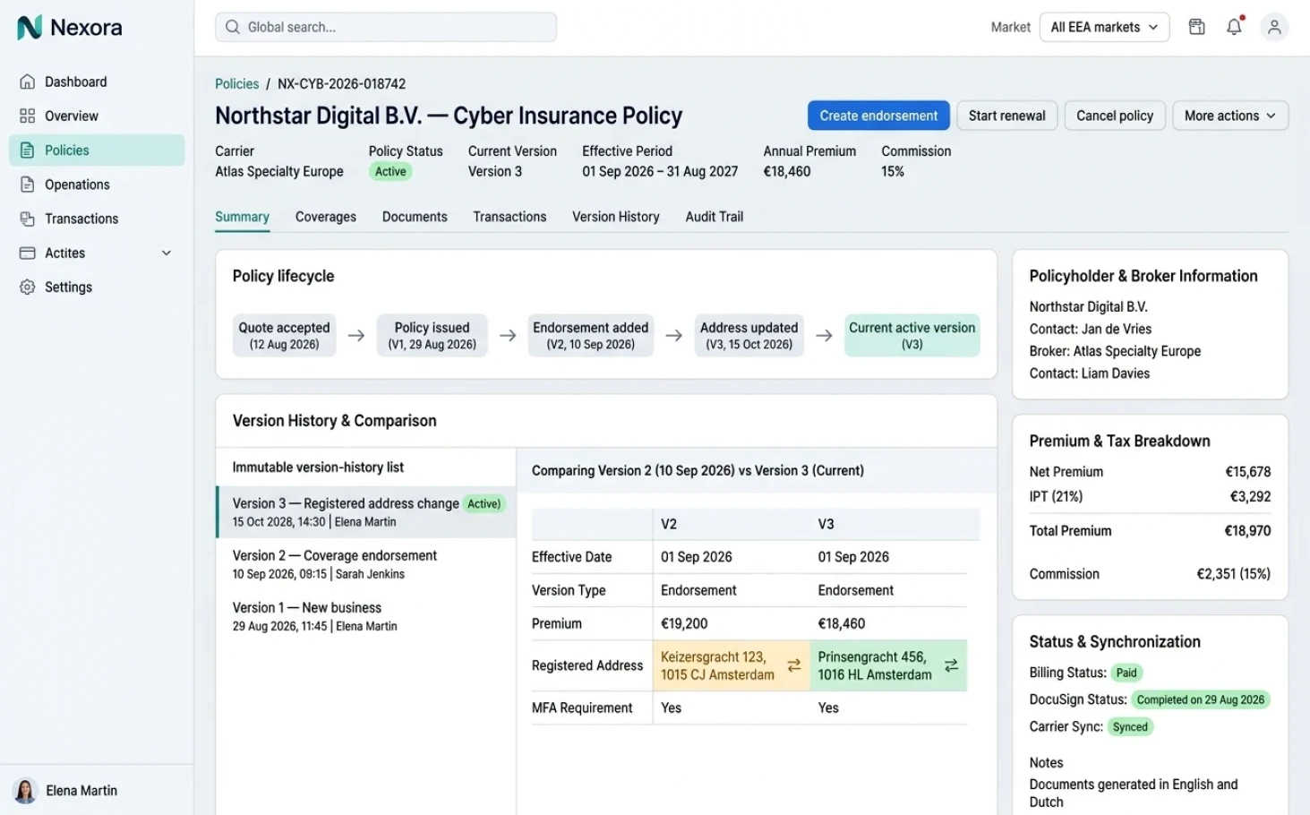 Nexora policy detail with immutable version history comparing endorsement versions and premium breakdown