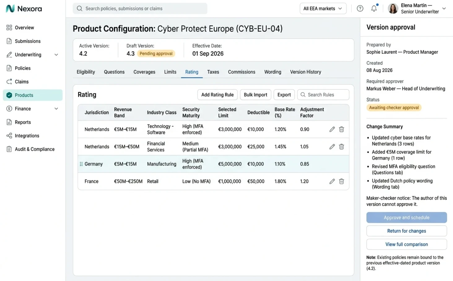 Nexora product configuration screen with versioned rating rules awaiting maker checker approval