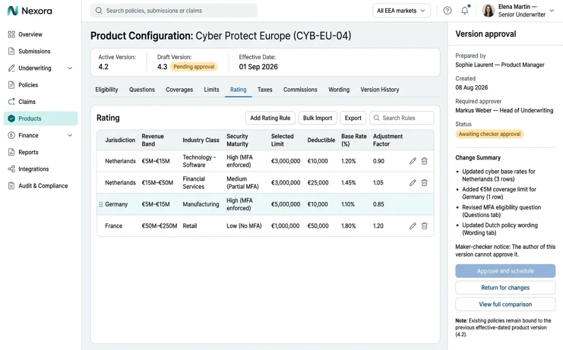 Nexora product configuration screen with versioned rating rules awaiting maker checker approval