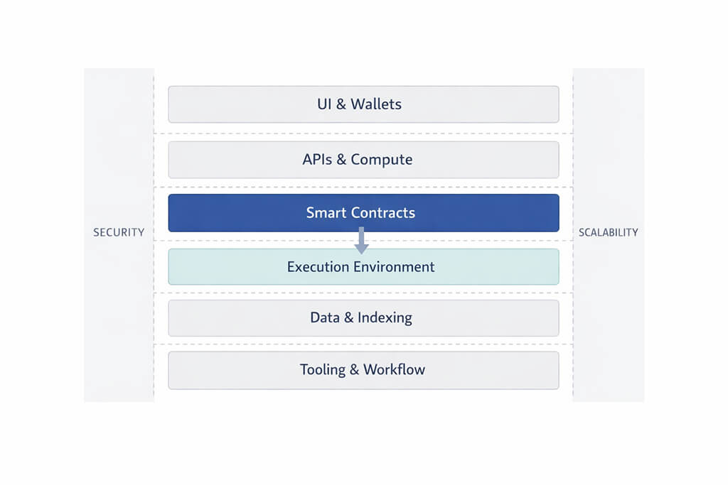 Six-layer Web3 stack showing user interface and wallets, APIs and compute, smart contracts, execution environment, data and indexing, and tooling and workflow