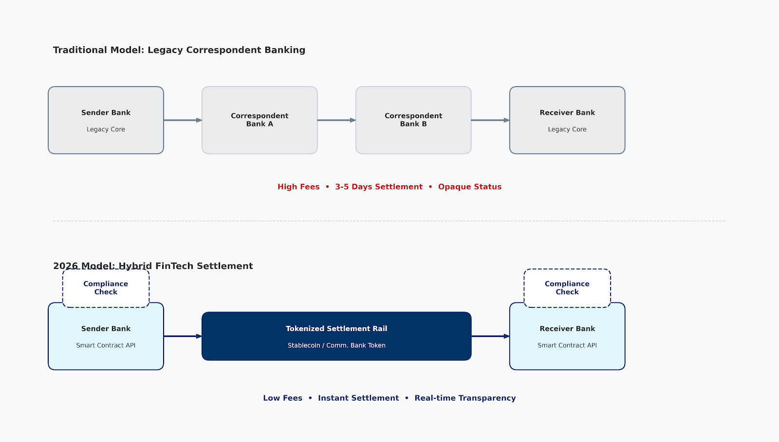 Comparison flowchart contrasting traditional correspondent banking settlement times (T+2) versus instant real-time settlement using Hybrid Finance stablecoins and shared ledger technology