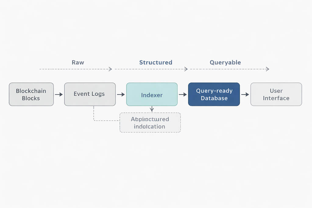 Data indexing pipeline from blockchain blocks and event logs to an indexer, query-ready database and user interface