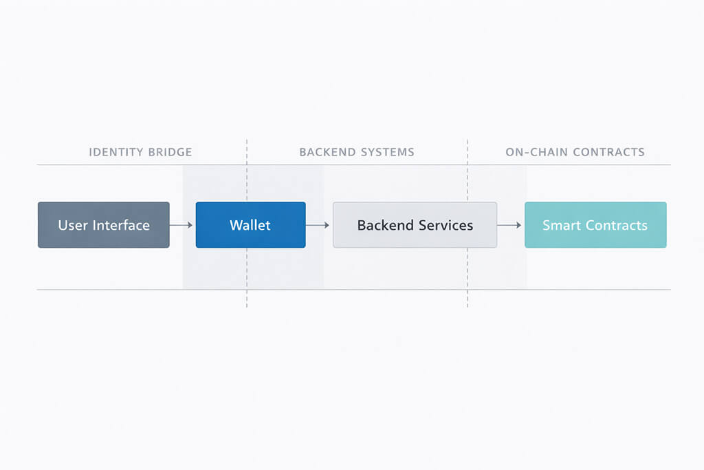 Simplified Web3 structure showing the flow from user interface to wallet, backend services and smart contracts