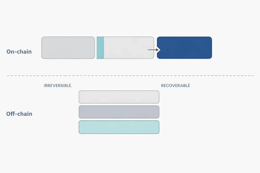 Diagram showing the boundary between irreversible on-chain logic and recoverable off-chain services in a Web3 application