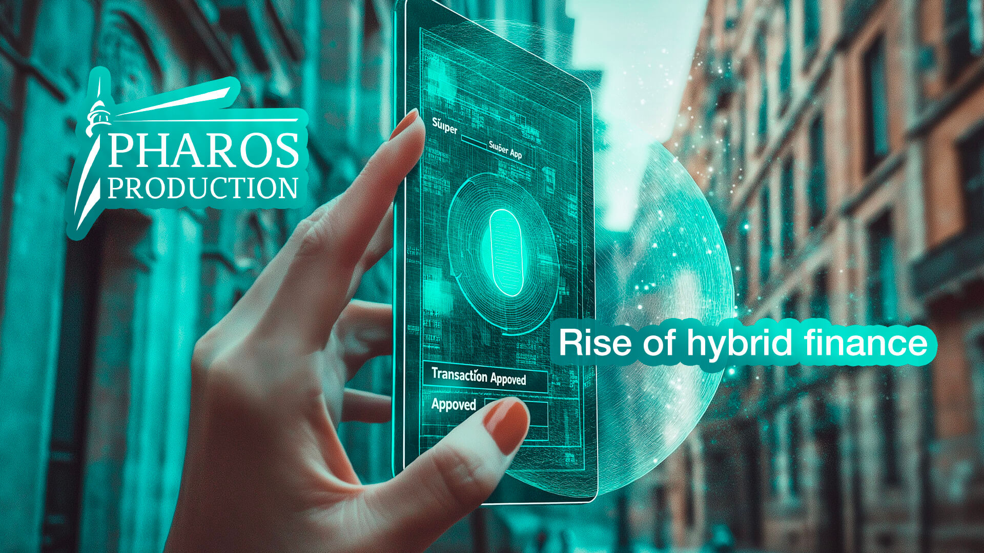 Conceptual visualization of Hybrid Finance: merging traditional corporate banking structures with digital blockchain networks and embedded finance