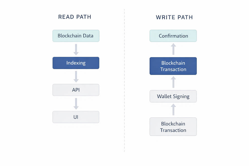 Diagram showing separate read and write paths in a Web3 architecture