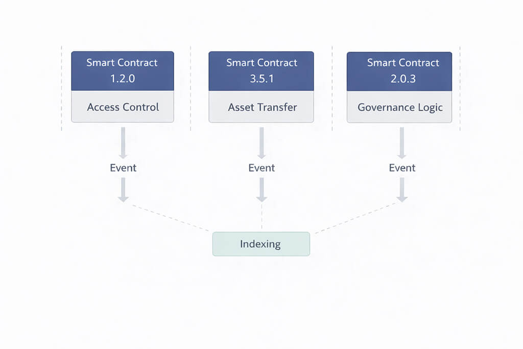 Smart contract modules for access control, asset transfer and governance emitting events into an indexing layer