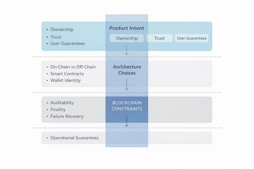 Diagram showing the relationship between product intent, architecture choices, blockchain constraints and operational guarantees in a Web3 system