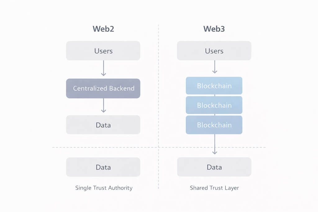 Diagram comparing the Web2 centralized backend model with the Web3 shared trust layer model