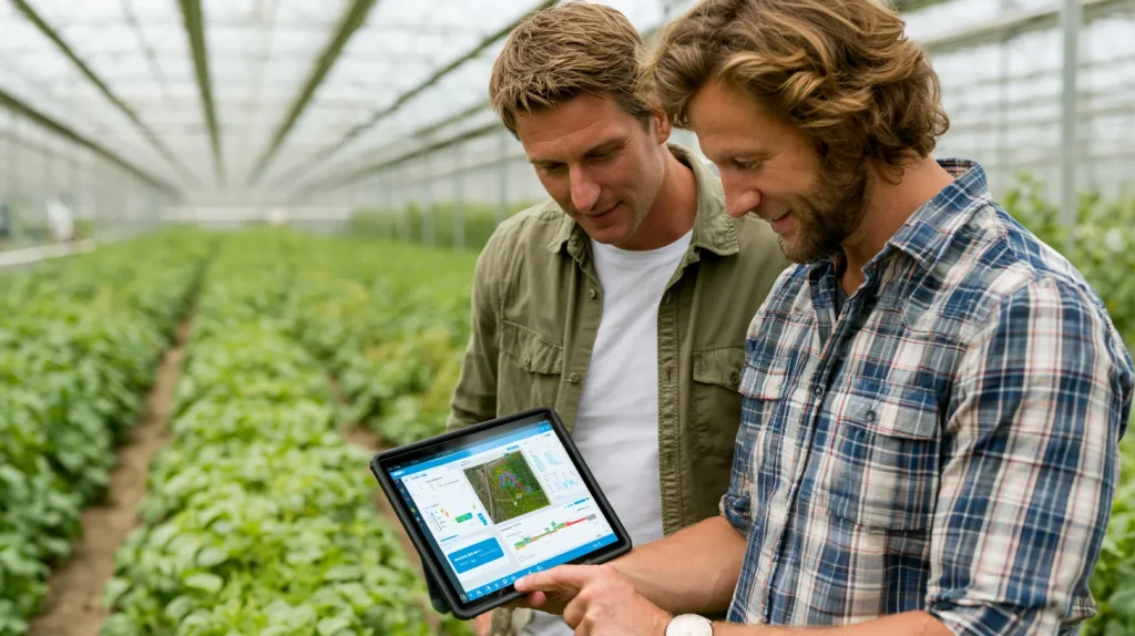 Agronomist and farmer reviewing crop data on a tablet using agriculture software