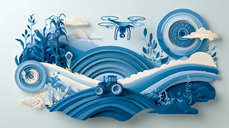 Paper-cut illustration of a smart farm with fields, a tractor, a drone and sensors