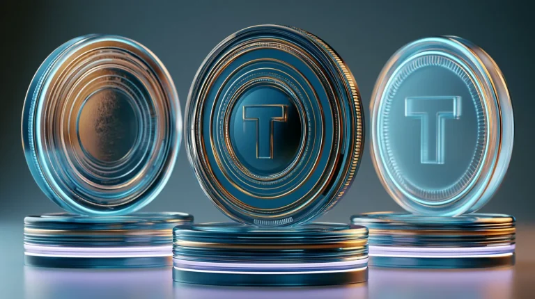 Asset-referenced token versus e-money token concept with three distinct glowing crypto tokens