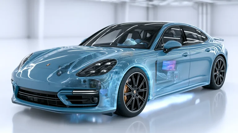 3D render of a software-defined connected car showing its software systems and sensors