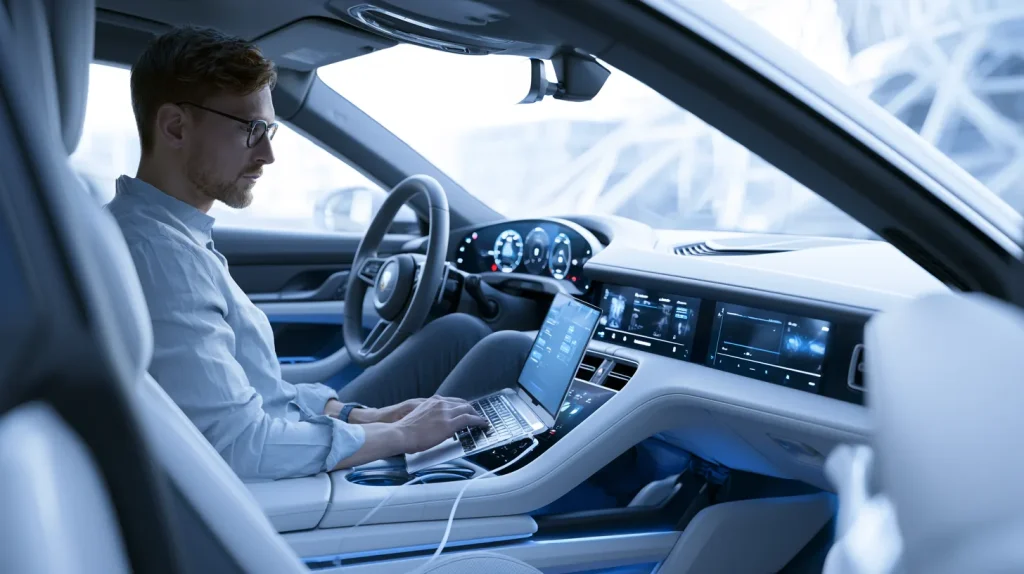Automotive software engineer working on a car digital cockpit during automotive software development