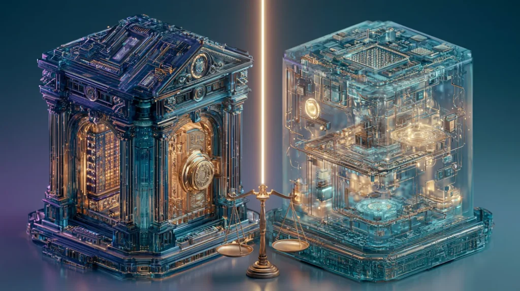 Centralized versus decentralized crypto exchange concept showing a custodial order book against on-chain liquidity pools