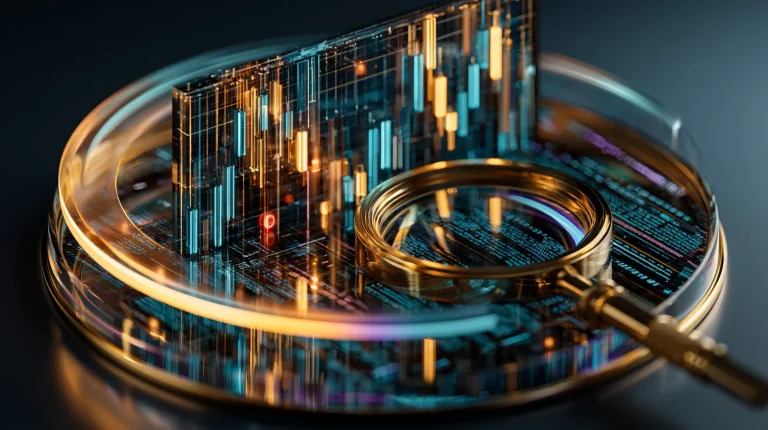 Crypto market abuse surveillance concept with a radar sweep over a glowing candlestick trading chart