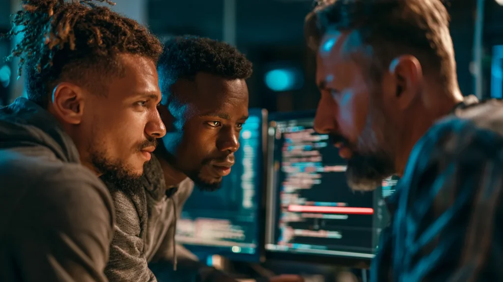 Focused smart-contract security team reviewing code together on multiple monitors with calm confidence
