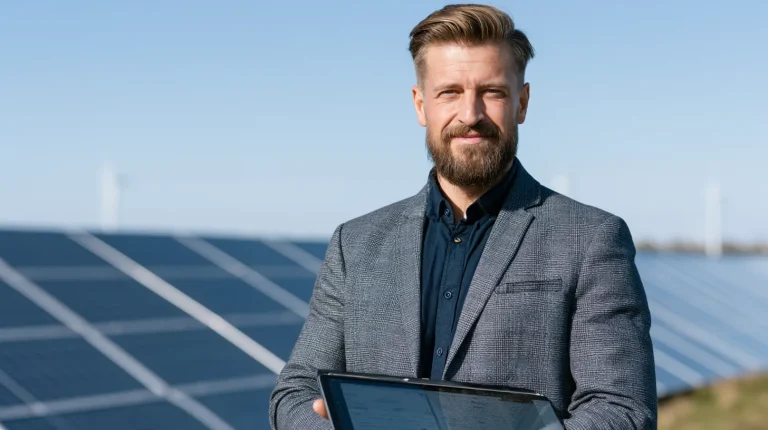 Energy engineer at a solar site using software built for energy software development