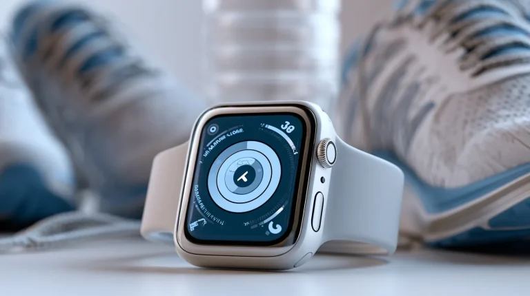 Close-up of a smartwatch showing a workout and heart-rate screen from a fitness app