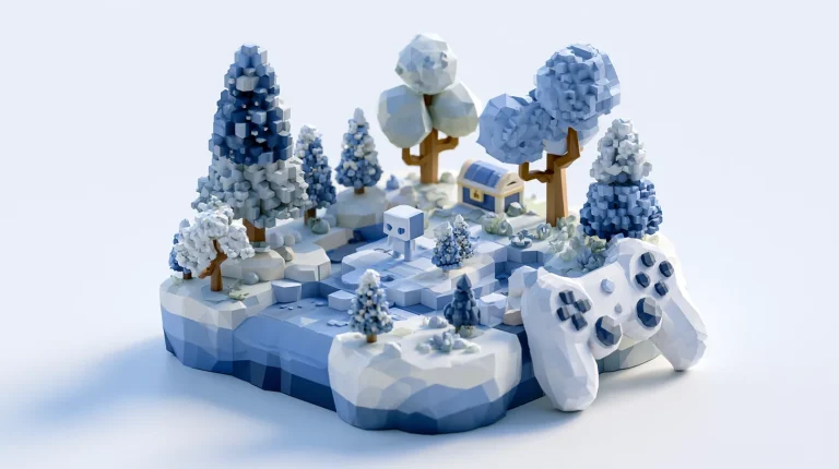 Low-poly 3D game world and controller representing game development