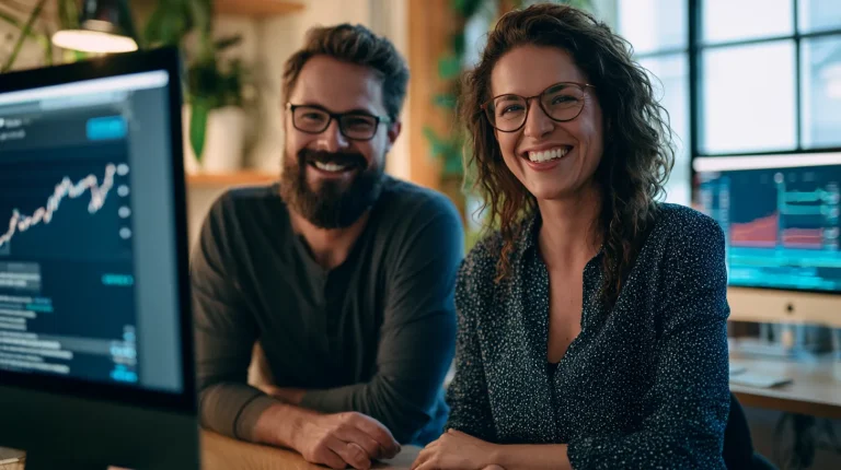 Two happy successful e-commerce founders looking proudly at a fast online storefront and rising sales analytics on a large screen