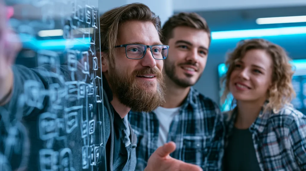 Focused happy software engineers collaborating at a glass whiteboard mapping a composable commerce architecture