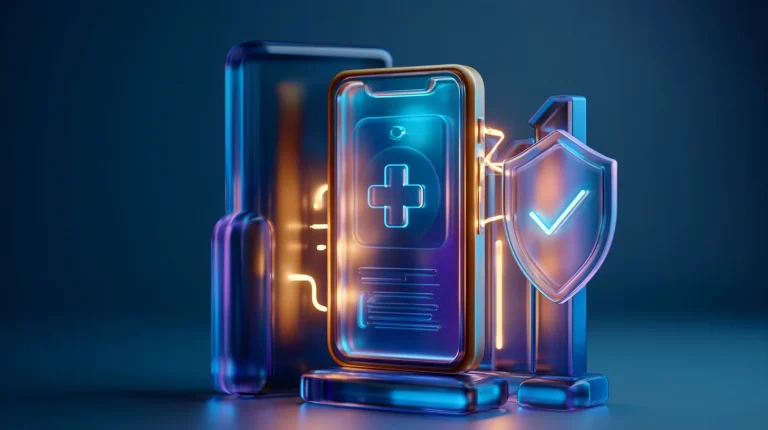 HIPAA-compliant software development cost concept with a medical app, compliance shield and rising cost element