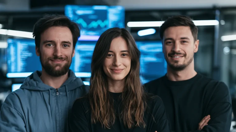 Confident blockchain engineering team standing proud in a modern office with subtle on-chain charts and code on screens behind them