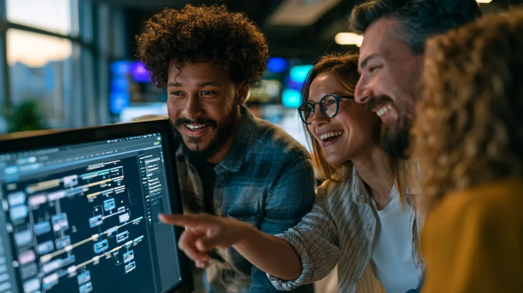 Happy diverse insurance product team collaborating around a screen that shows a claims automation workflow