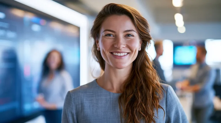 Smiling insurance claims operations lead reviewing an approved digital claim on a dashboard while a happy customer is helped in the background