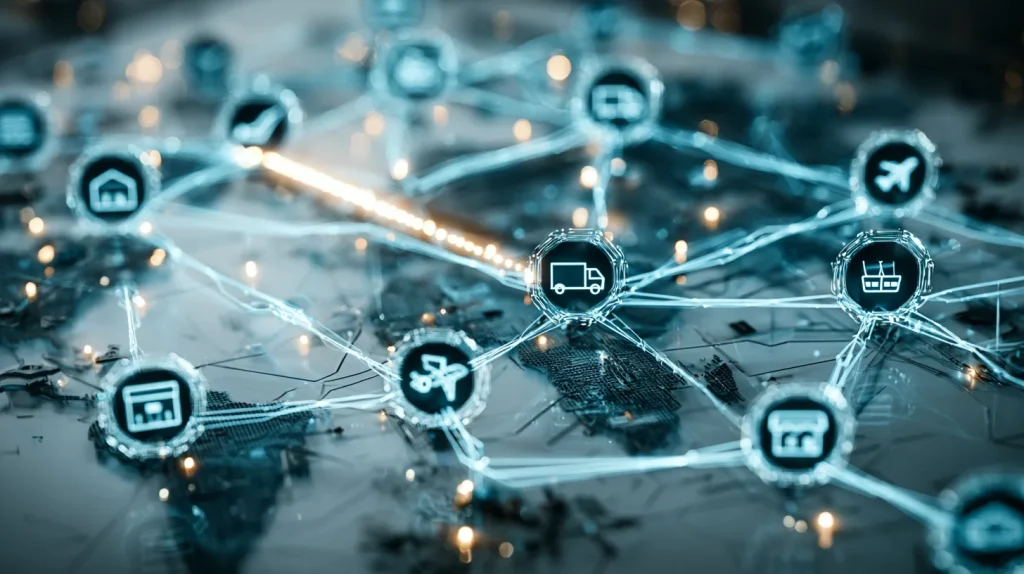 Holographic supply chain network map connecting warehouses, trucks, ships and stores
