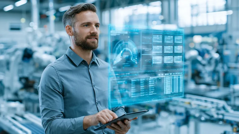 Plant engineer reviewing a production dashboard built with manufacturing software development