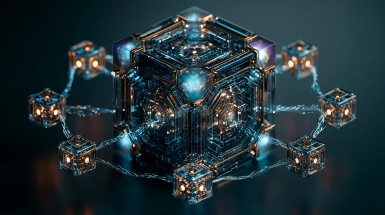 The ten MiCA CASP services concept as a glowing central hub connected to crypto service nodes