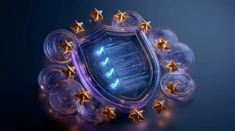 MiCA compliance checklist concept with glowing checkmarks, EU stars and crypto-asset tokens