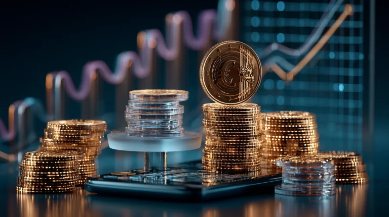 MiCA compliance cost concept with glowing euro coins, crypto tokens and rising budget charts