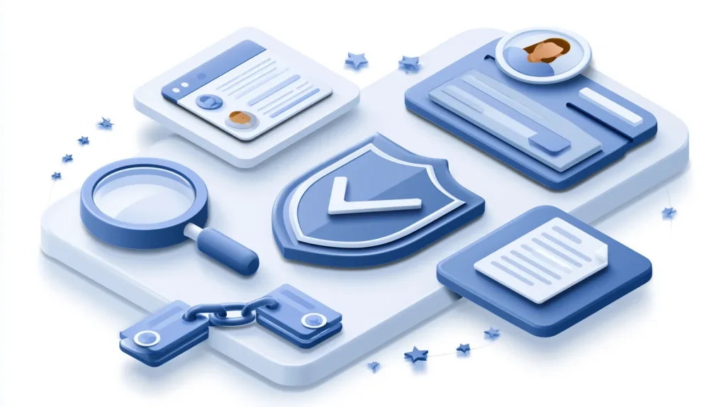 Flat illustration of a crypto KYC and AML compliance stack: identity, screening and the Travel Rule