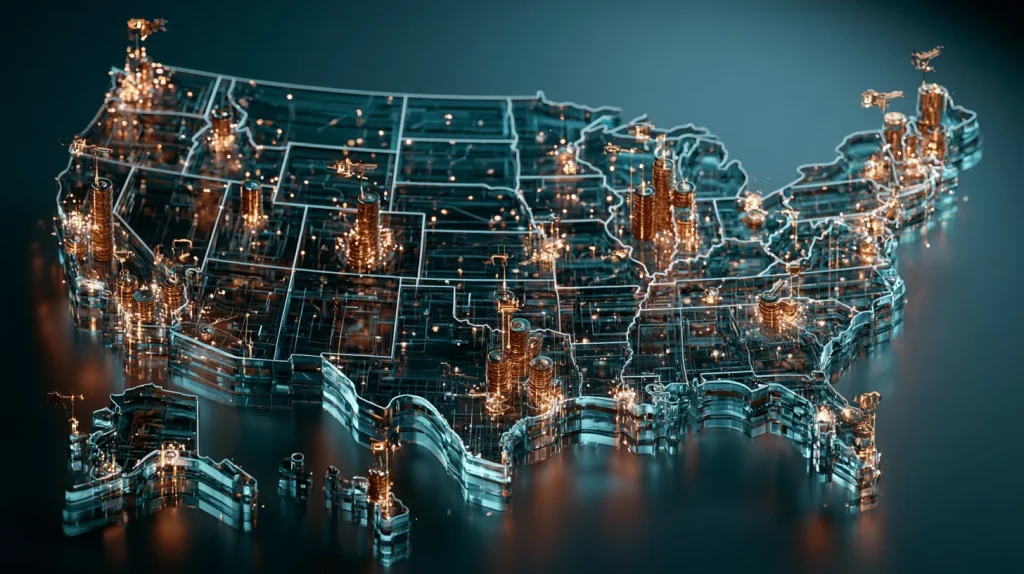 Multi-state money transmitter license concept showing a US map lighting up state by state with rising cost