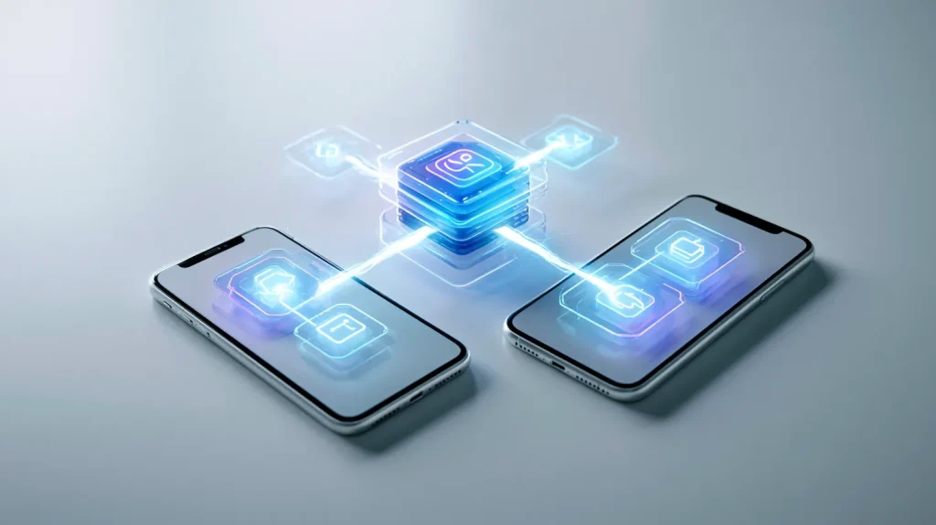 Diagram of one cross-platform codebase building into iOS and Android mobile apps