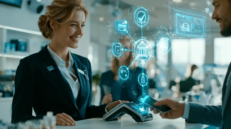 Shop owner taking a contactless tap payment with a holographic payment gateway flow