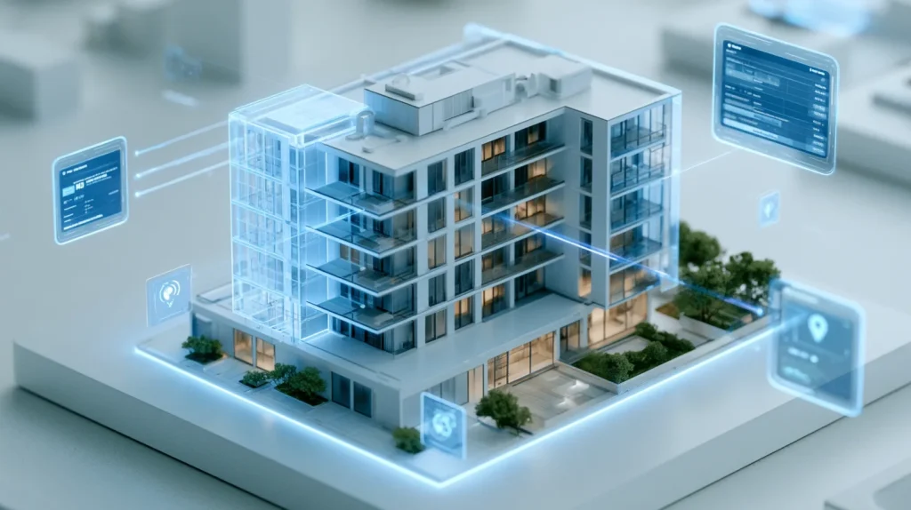 Holographic 3D building surrounded by PropTech data panels for valuation, listings and sensors