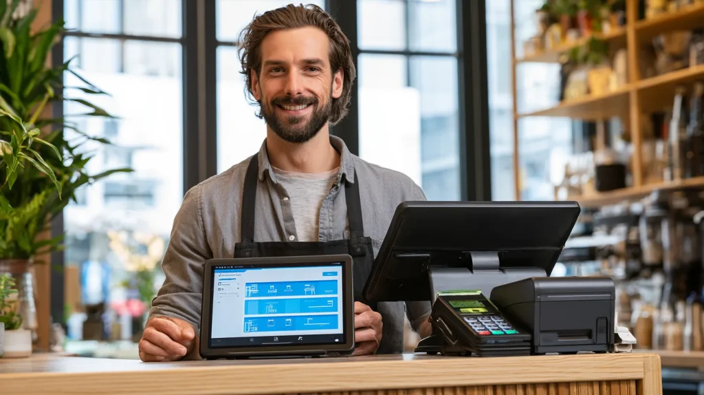 Restaurant owner taking an order on a POS tablet built with restaurant software