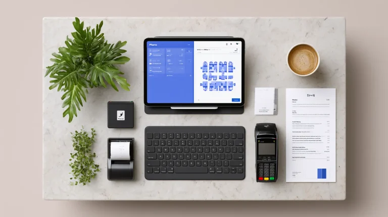 Flat-lay of restaurant POS, ordering tablet, card reader and receipt printer