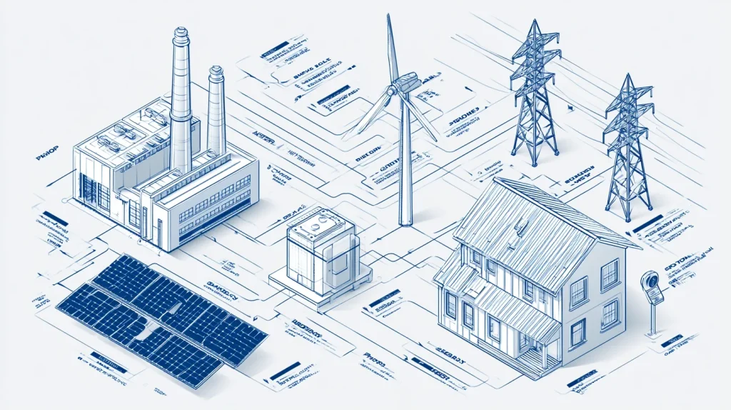 Technical line diagram of a smart grid linking power plant, solar, wind, battery and meters