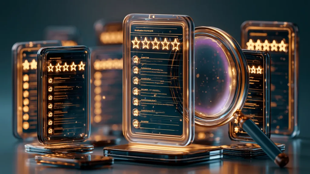 Software vendor evaluation concept showing a scorecard rating partners against key criteria