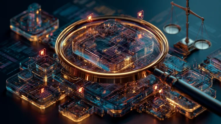 State of tech due diligence research concept with a magnifier over a software architecture blueprint and risk flags