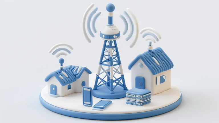 Soft 3D model of a telecom network with a cell tower, server racks and connected devices