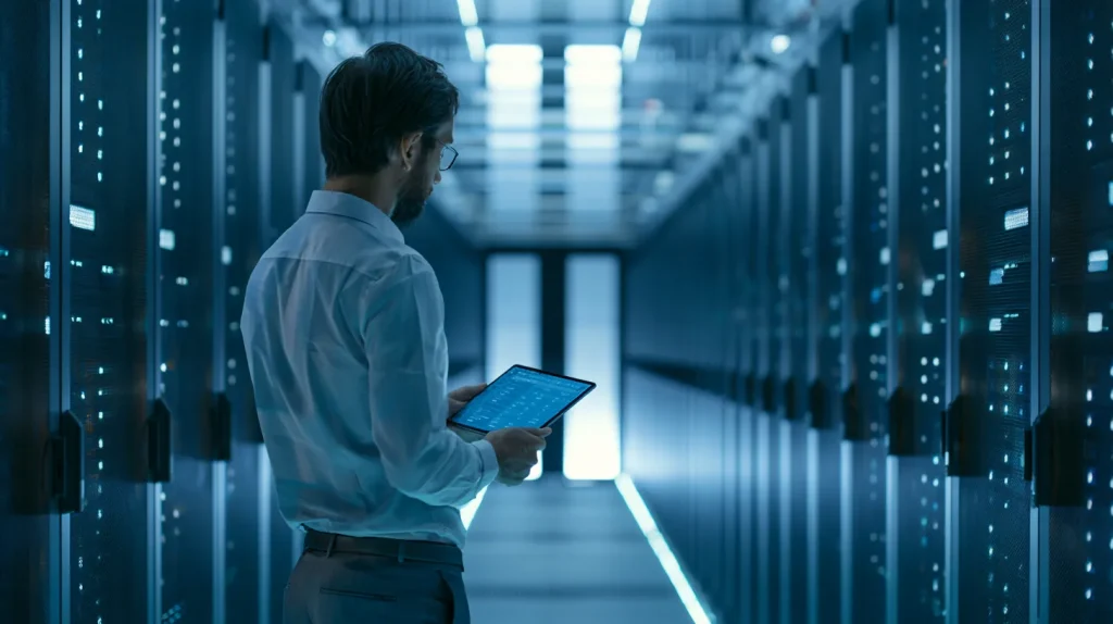Network engineer in a data center working on telecom software development