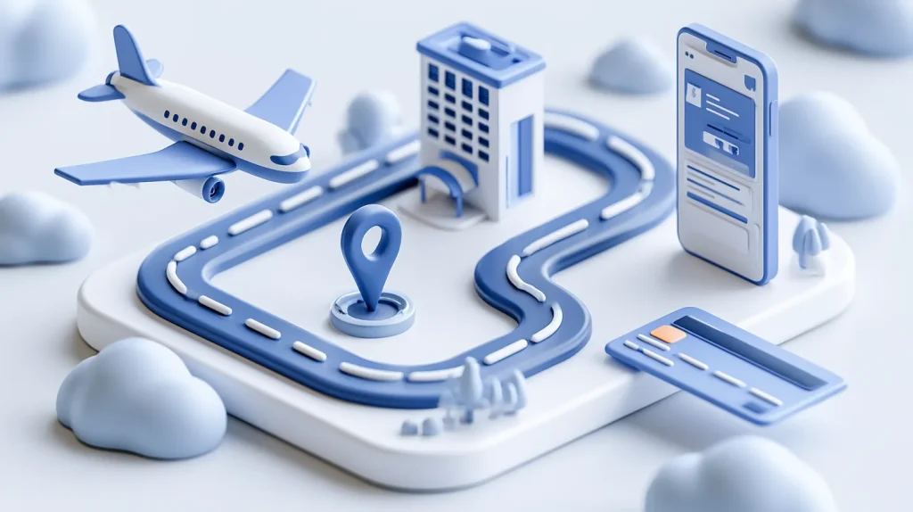 Isometric illustration of a travel booking platform connecting flights, hotels and a traveler
